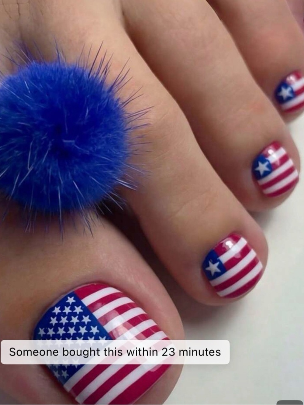 ORDER NOW American Flag Toe Nail Art with Blue Pom Pom Toe Ring